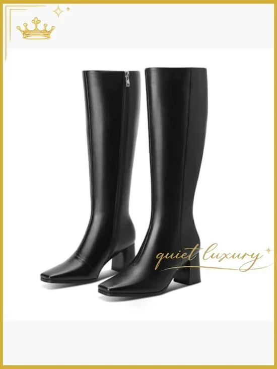 Knee High Boots Chunky Heel Side Zip Pointed Toe